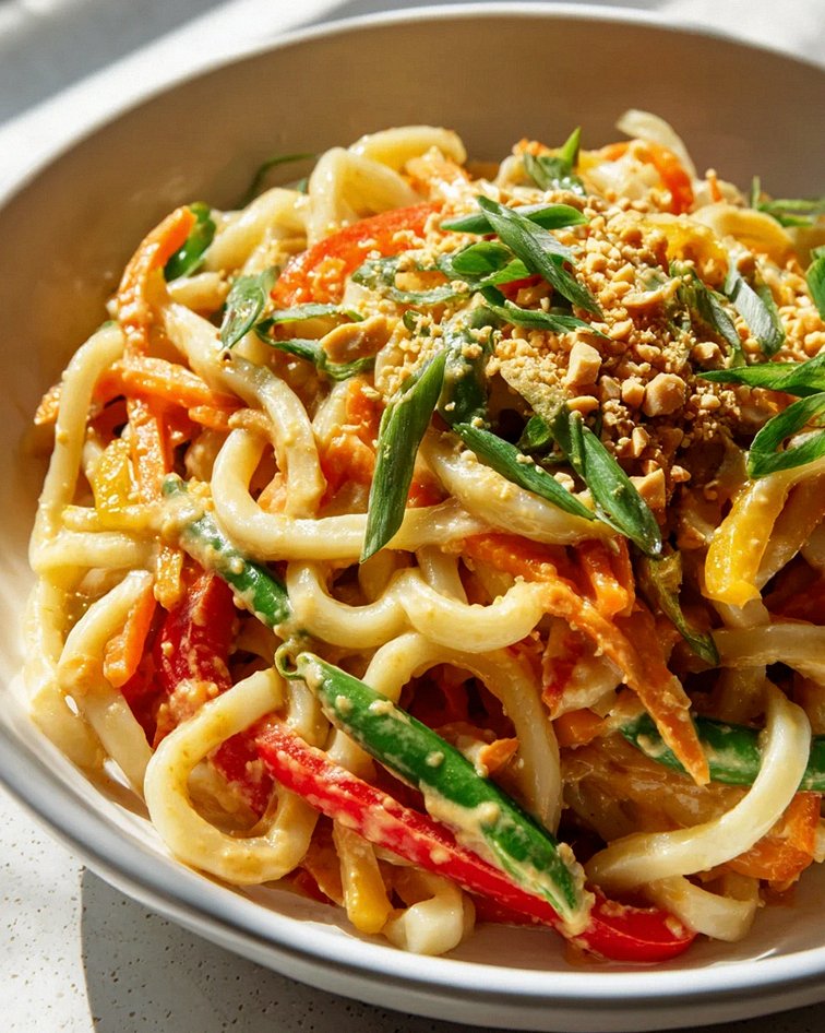 Asiatische Udon Nudeln mit Erdnusssauce und frischem Gemüse