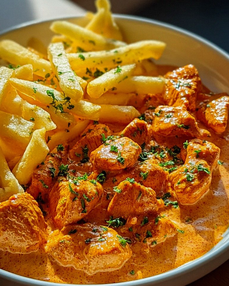 Butter Chicken mit Knoblauchsauce und Pommes – Lecker genießen!