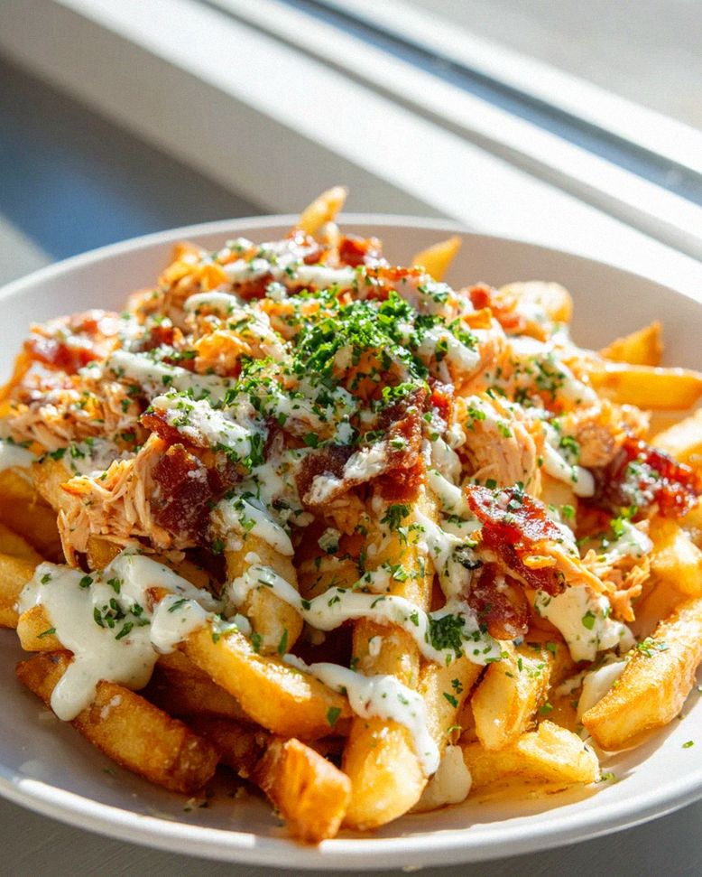 Dirty Chicken und Beef Putenspeck Loaded Fries mit Knoblauch-Parmesan