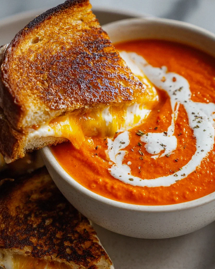 Geröstete Tomatensuppe und Gegrilltes Käsebrot