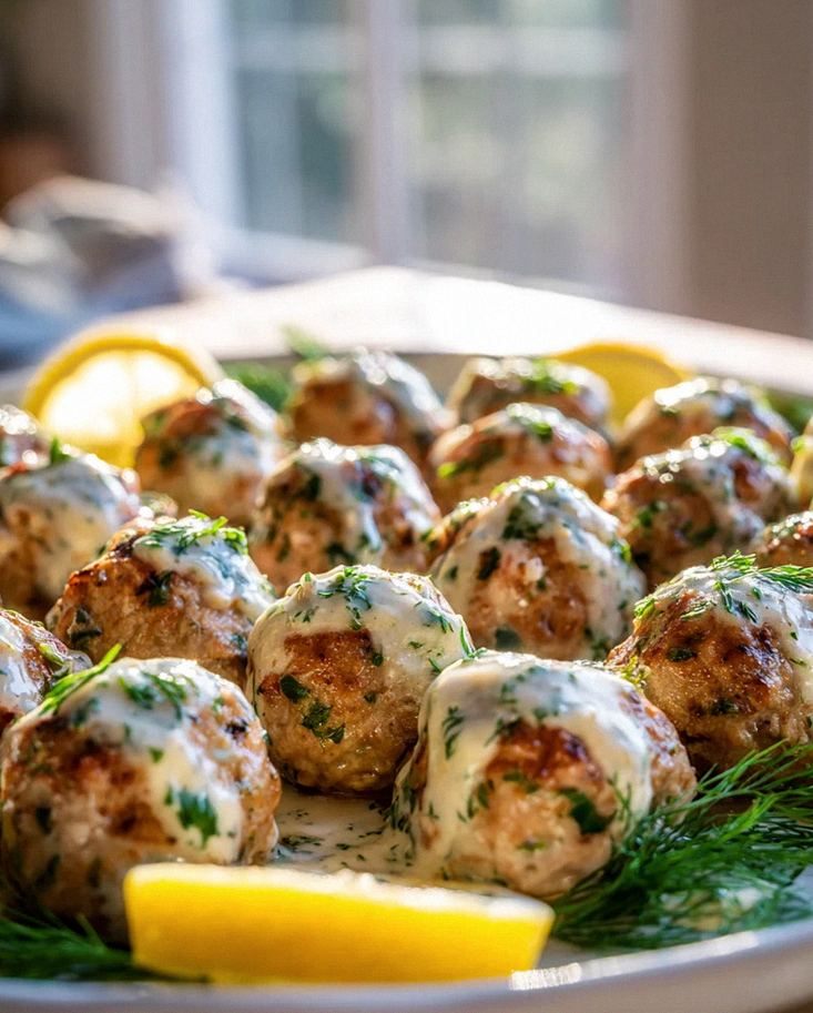 Leckere Gebackene Feta Truthahnfrikadellen mit Zitronensauce