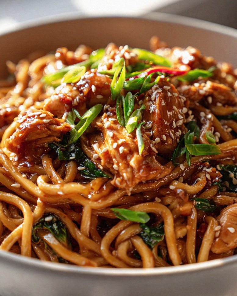 Sticky Garlic Chicken Nudeln mit Honig-Soja-Glasur Rezept